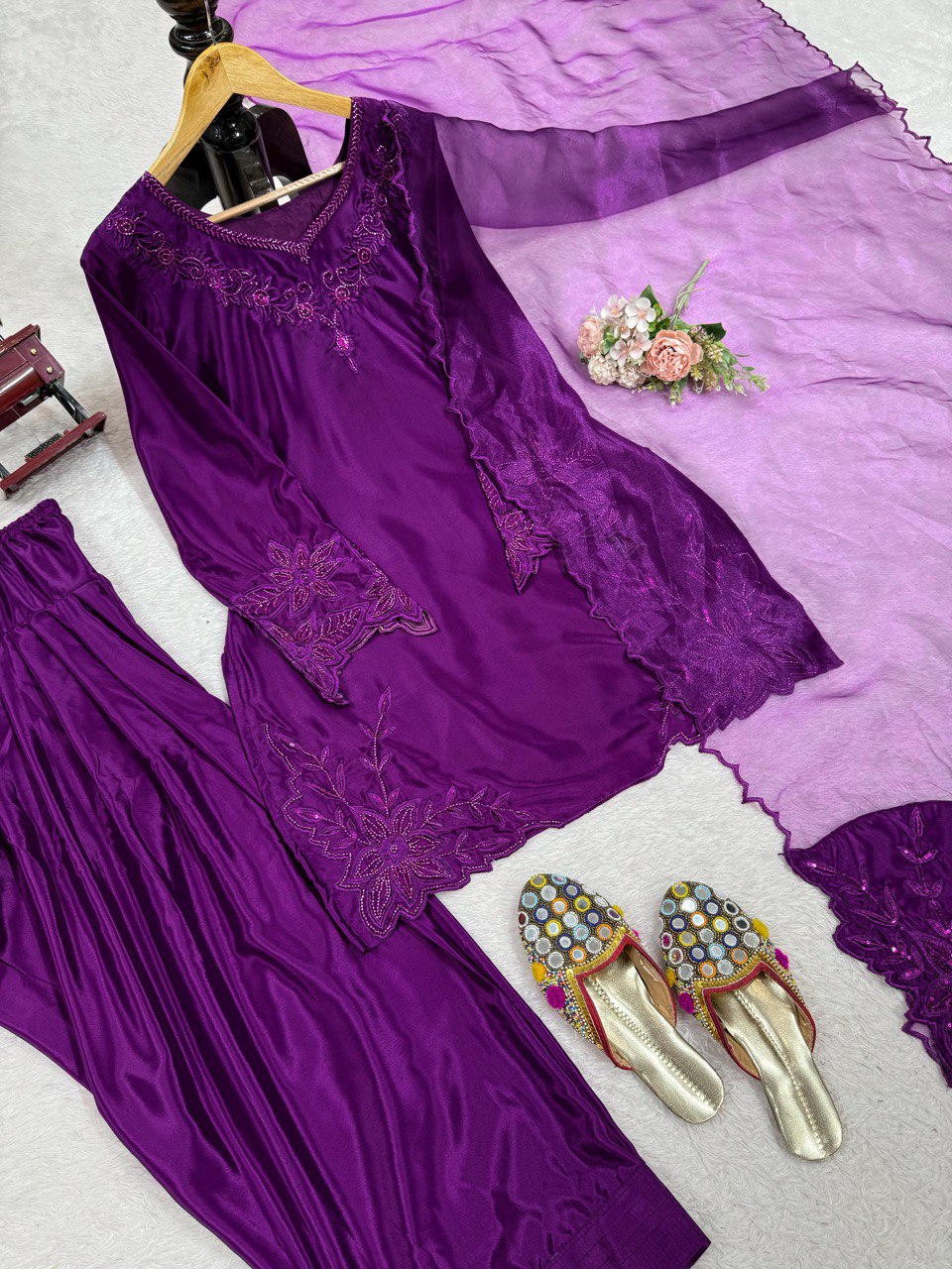 Festive Wear Purple Color Natural Crepe And Beads With Thread Work Palazzo Suit