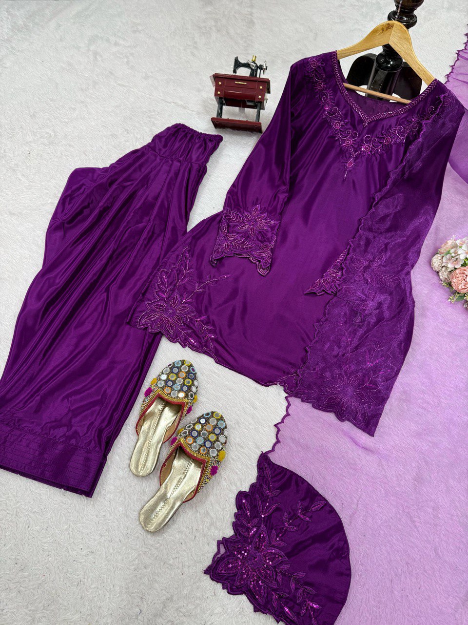 Festive Wear Purple Color Natural Crepe And Beads With Thread Work Palazzo Suit