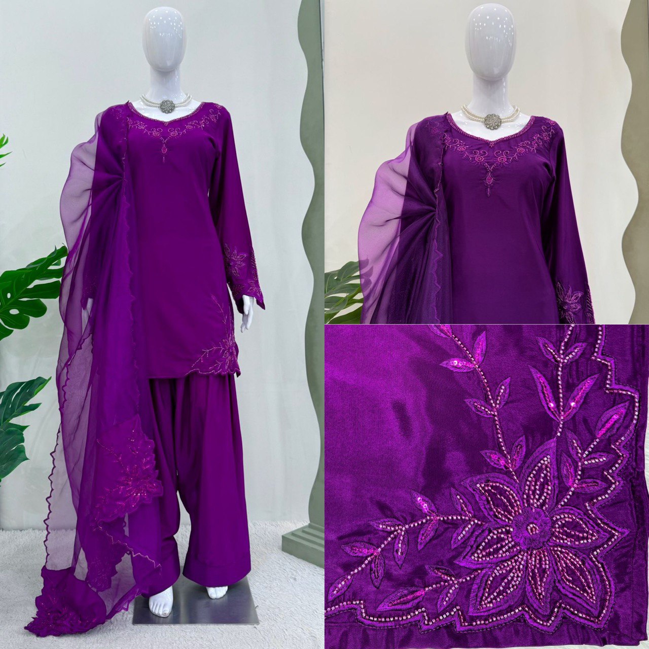 Festive Wear Purple Color Natural Crepe And Beads With Thread Work Palazzo Suit