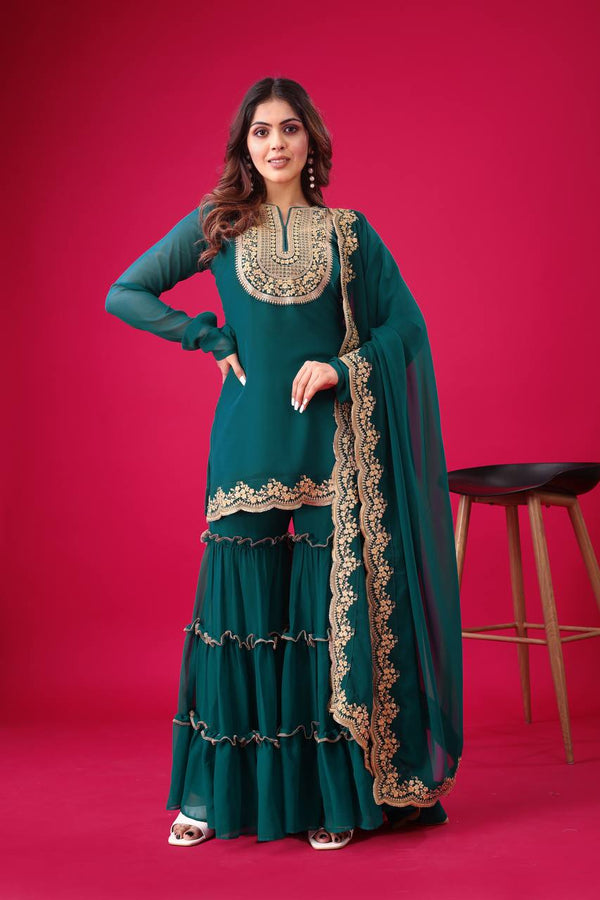 Ravishing Green Color Blooming Faux Georgette With Heavy Embroidery Sequence Thread Work Palazzo Suit