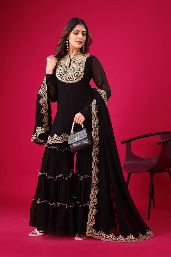 Ravishing Black Color Blooming Faux Georgette With Heavy Embroidery Sequence Thread Work Palazzo Suit