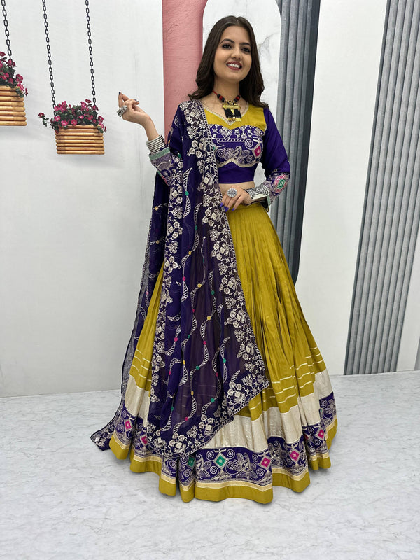 Traditional Wear Navratri Special Mehndi Green Pure Cotton Embroidery Thread Sequence Work Lehenga Cholli