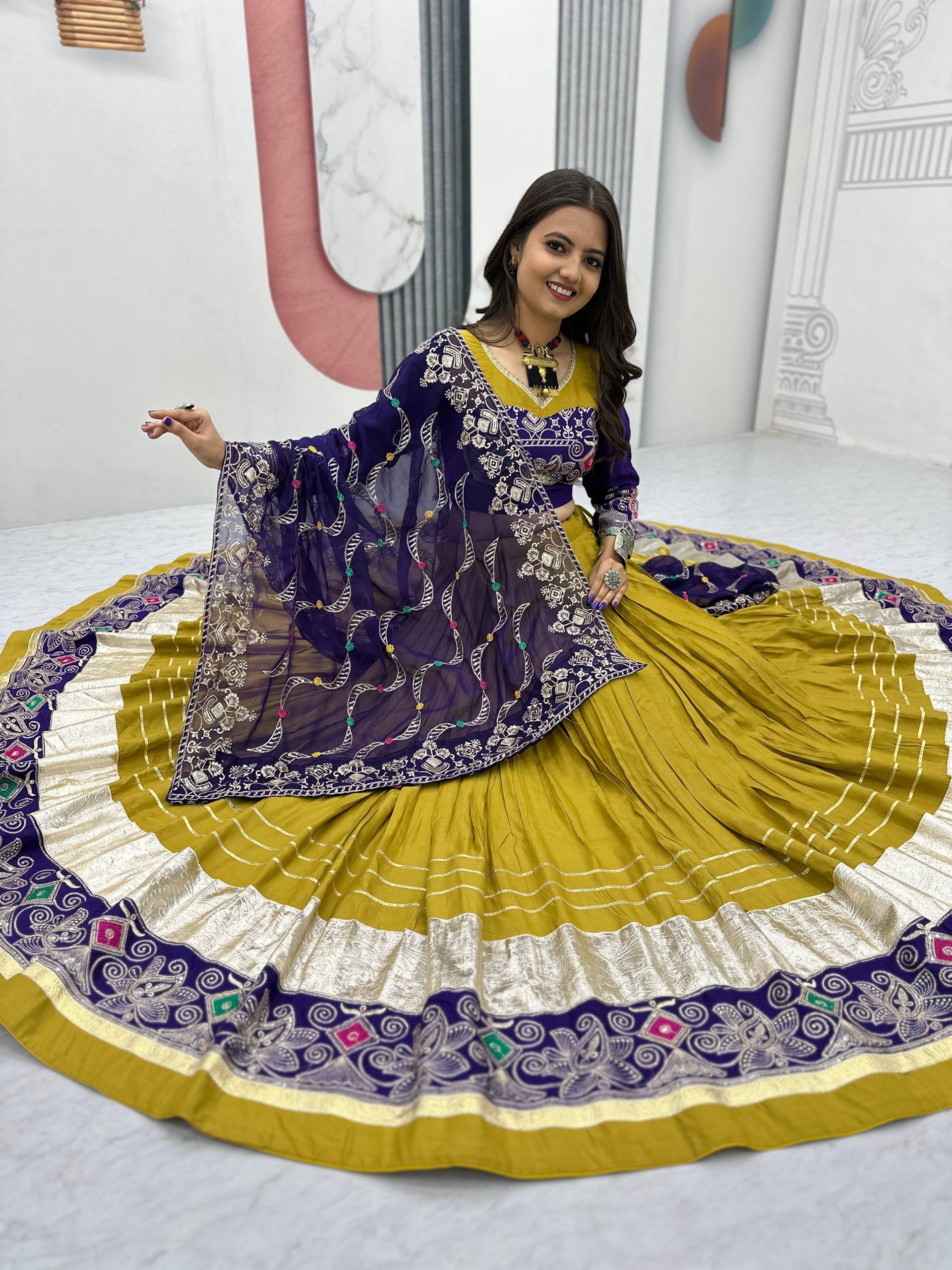 Traditional Wear Navratri Special Mehndi Green Pure Cotton Embroidery Thread Sequence Work Lehenga Cholli