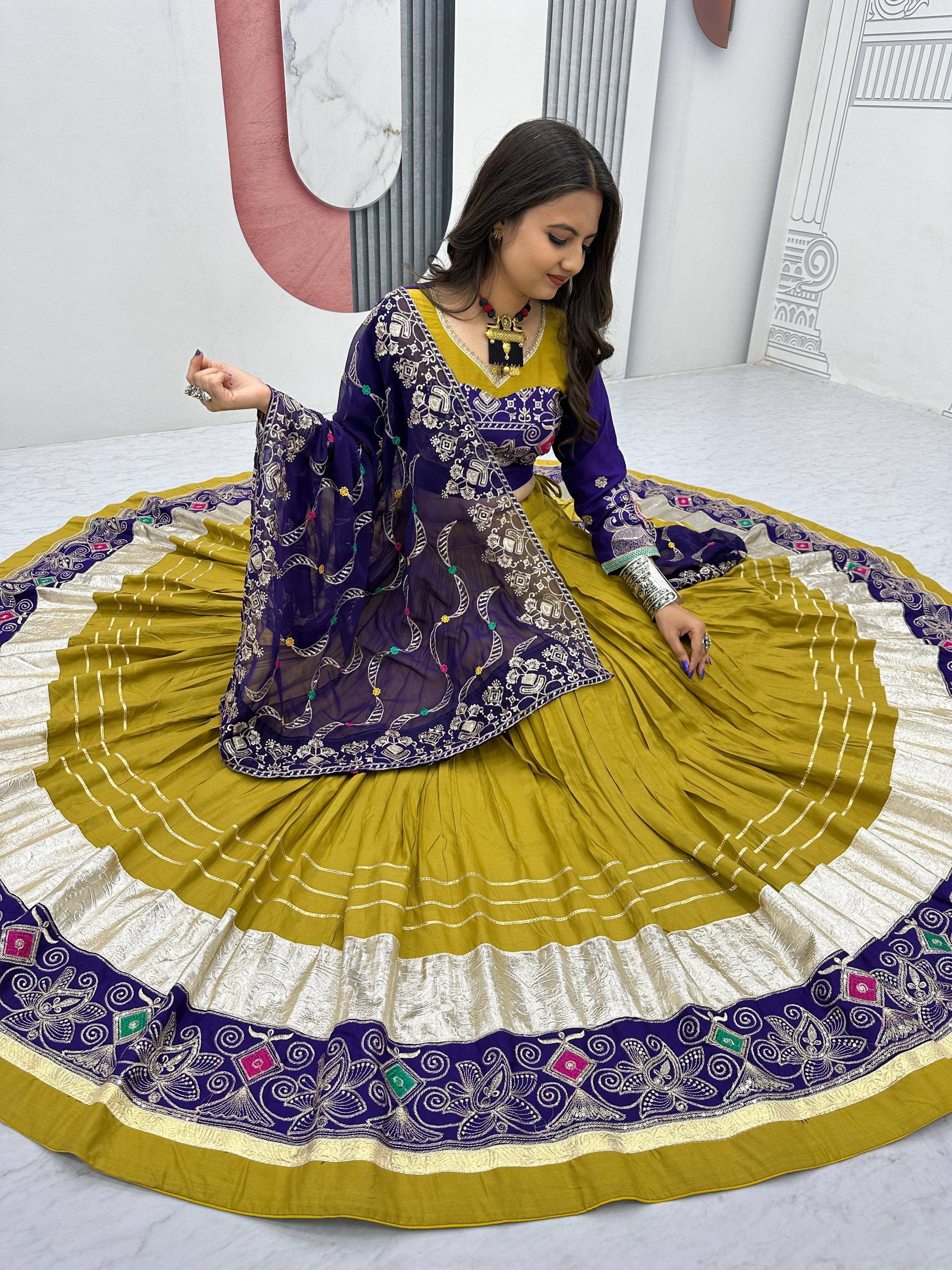 Traditional Wear Navratri Special Mehndi Green Pure Cotton Embroidery Thread Sequence Work Lehenga Cholli