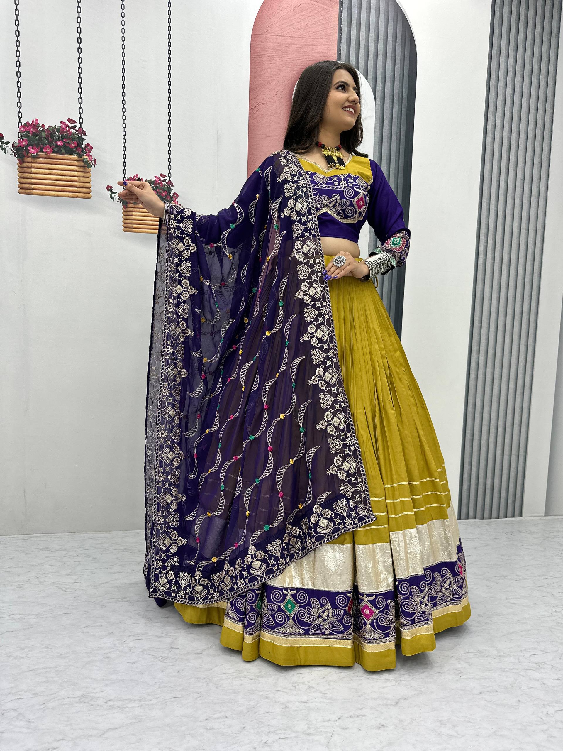 Traditional Wear Navratri Special Mehndi Green Pure Cotton Embroidery Thread Sequence Work Lehenga Cholli