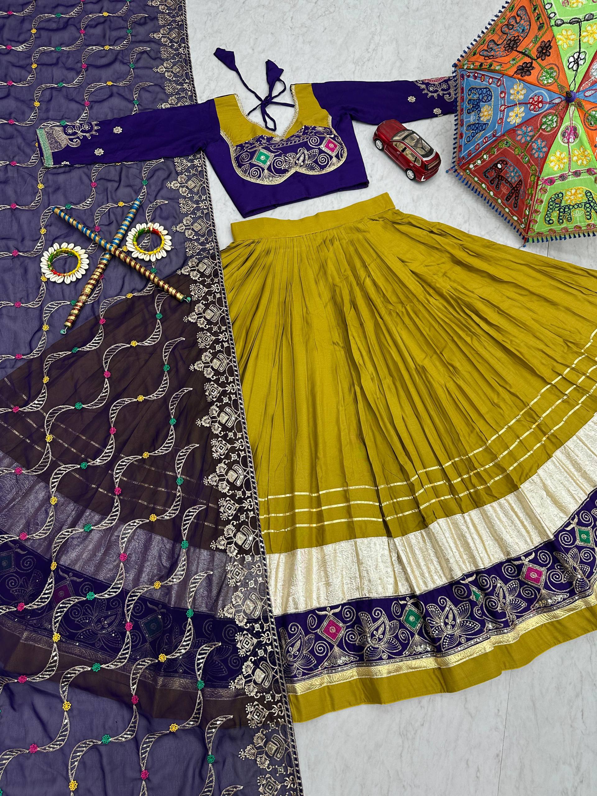 Traditional Wear Navratri Special Mehndi Green Pure Cotton Embroidery Thread Sequence Work Lehenga Cholli