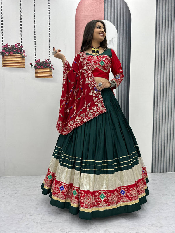 Traditional Wear Navratri Special Dark Green Pure Cotton Embroidery Thread Sequence Work Lehenga Cholli