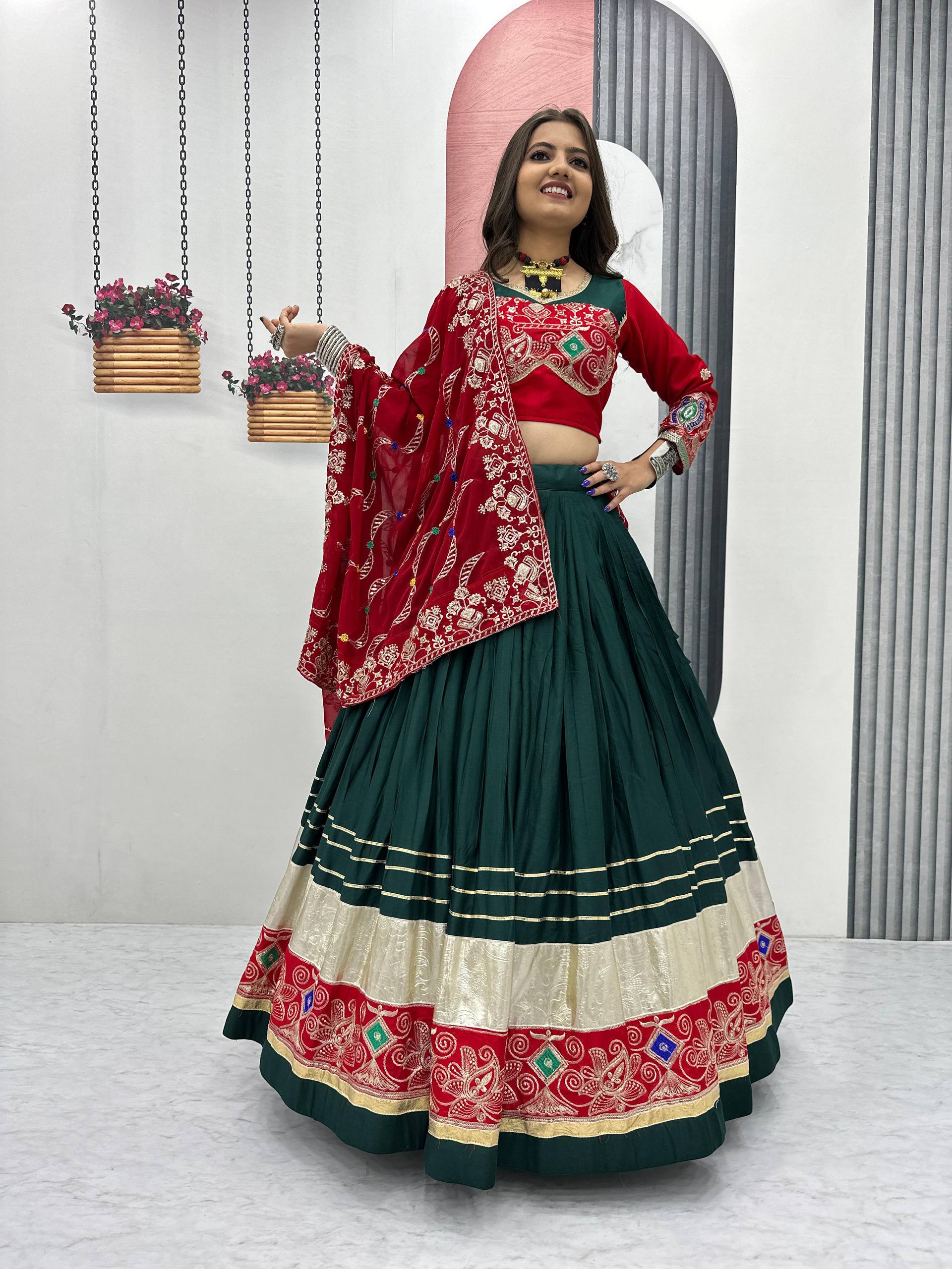 Traditional Wear Navratri Special Dark Green Pure Cotton Embroidery Thread Sequence Work Lehenga Cholli