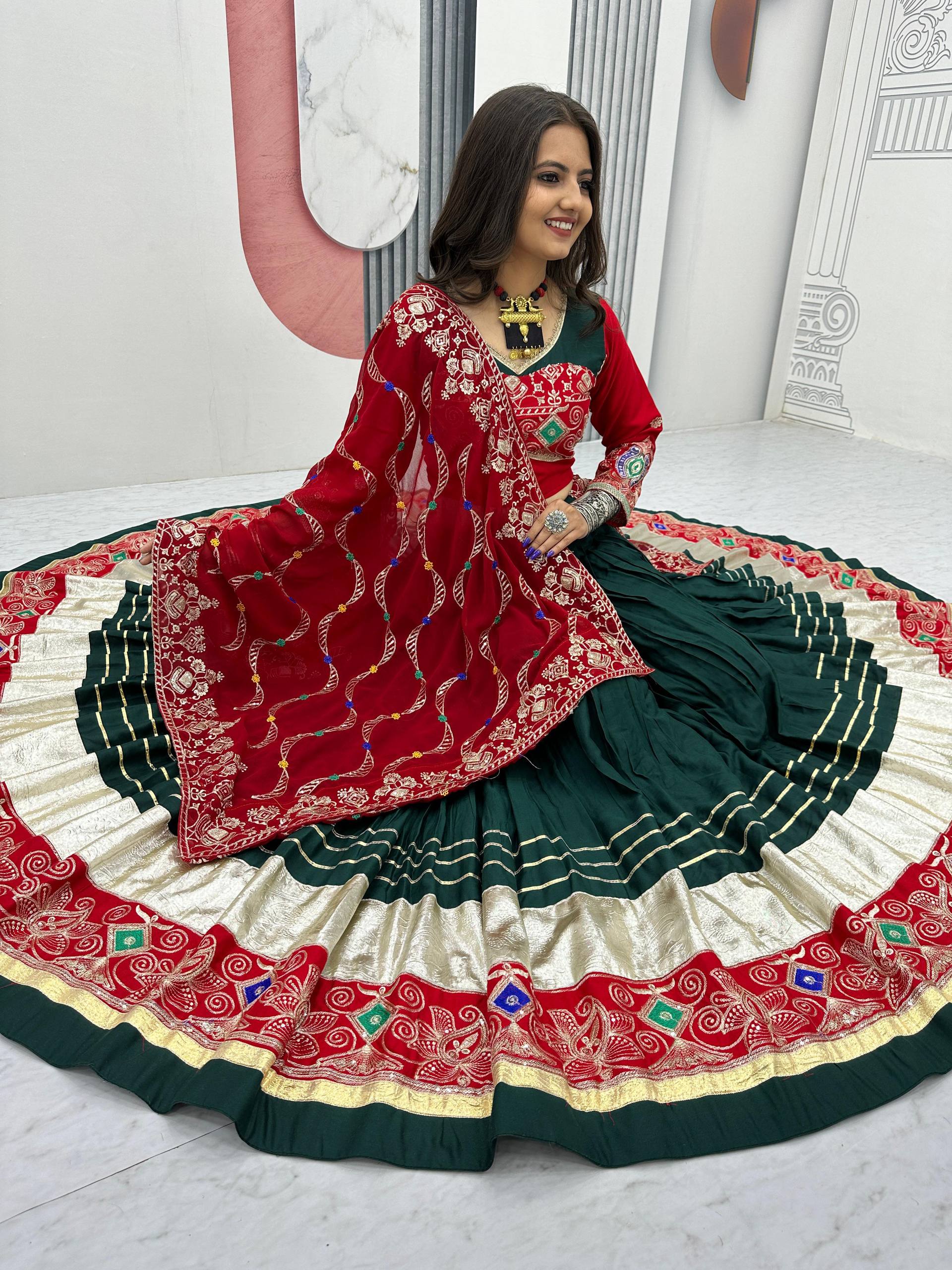 Traditional Wear Navratri Special Dark Green Pure Cotton Embroidery Thread Sequence Work Lehenga Cholli