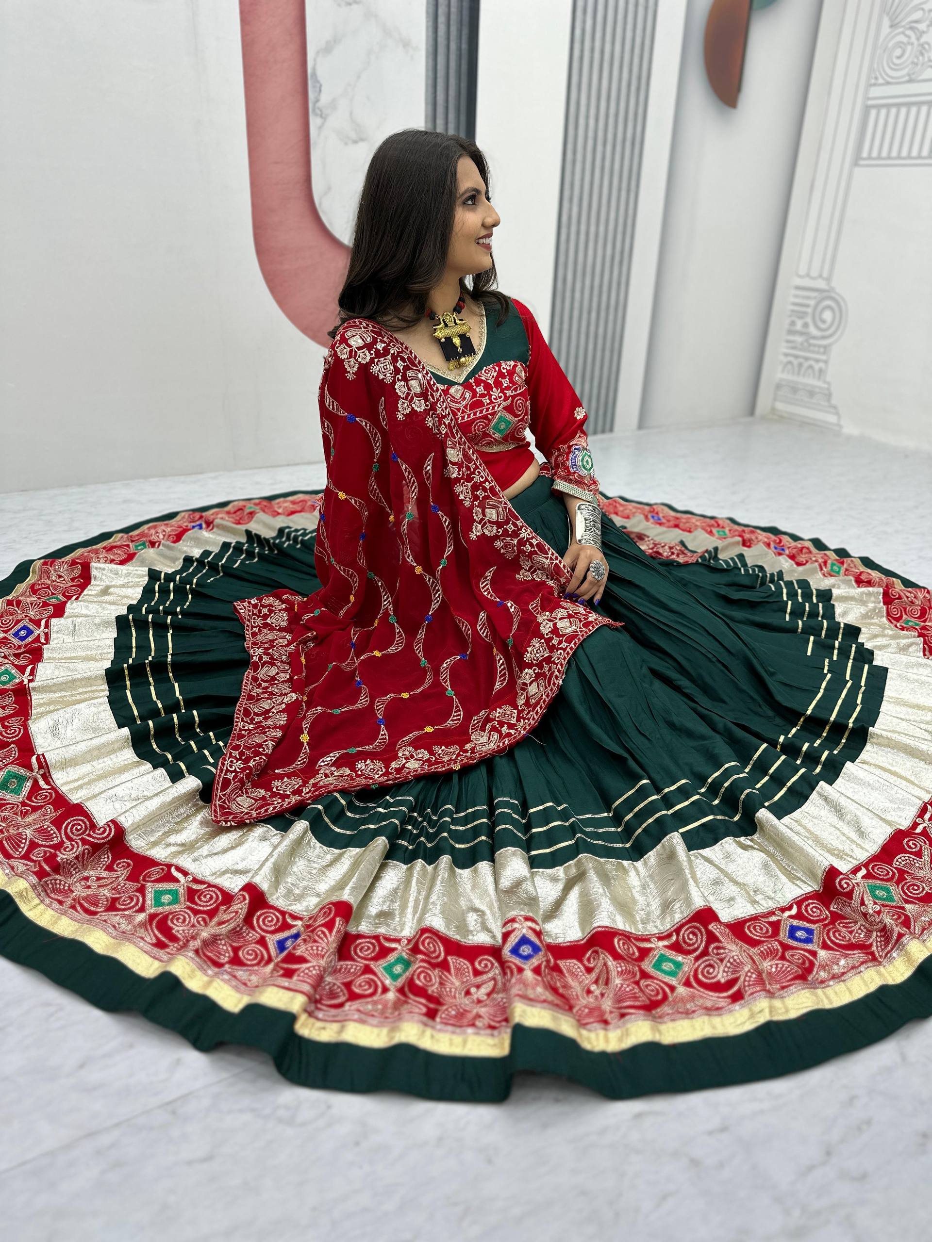 Traditional Wear Navratri Special Dark Green Pure Cotton Embroidery Thread Sequence Work Lehenga Cholli