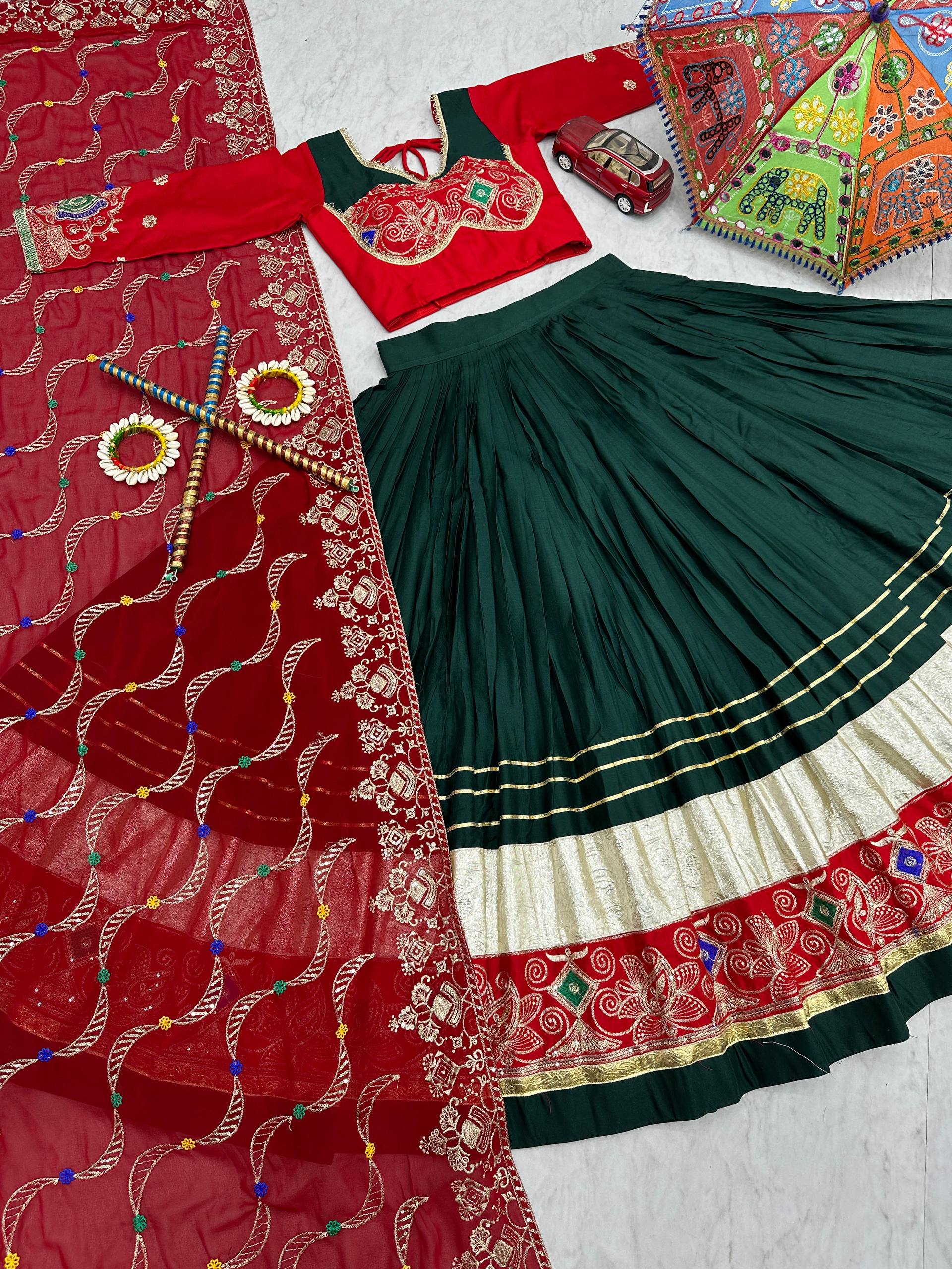 Traditional Wear Navratri Special Dark Green Pure Cotton Embroidery Thread Sequence Work Lehenga Cholli