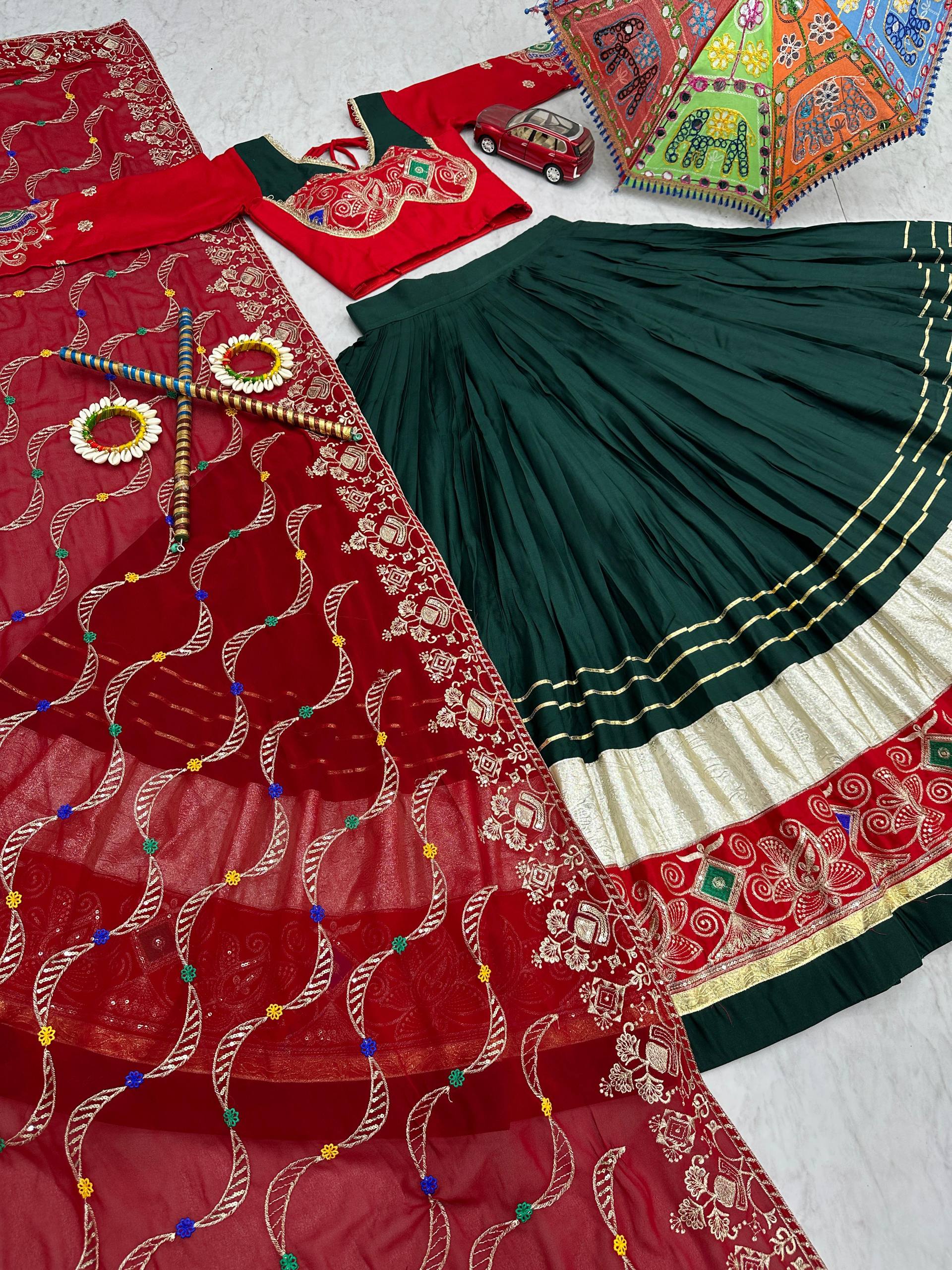 Traditional Wear Navratri Special Dark Green Pure Cotton Embroidery Thread Sequence Work Lehenga Cholli