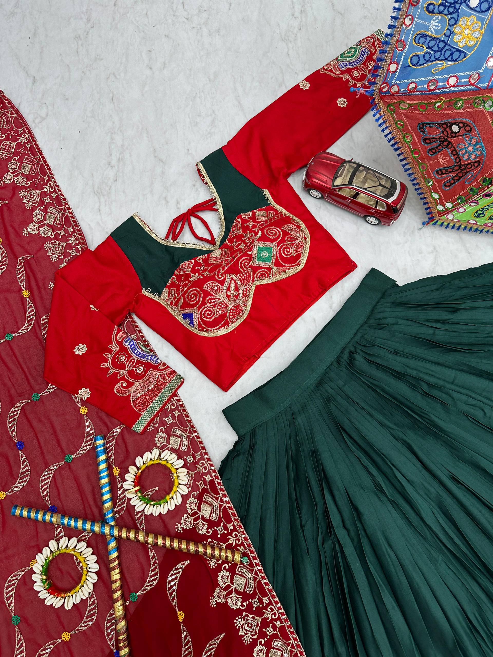 Traditional Wear Navratri Special Dark Green Pure Cotton Embroidery Thread Sequence Work Lehenga Cholli