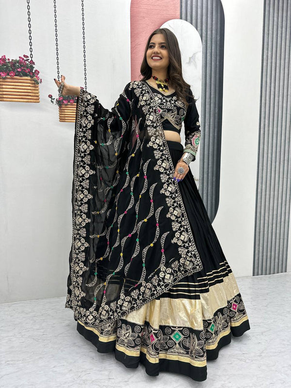 Traditional Wear Navratri Special Black Color  Pure Cotton Embroidery Thread Sequence Work Lehenga Choli