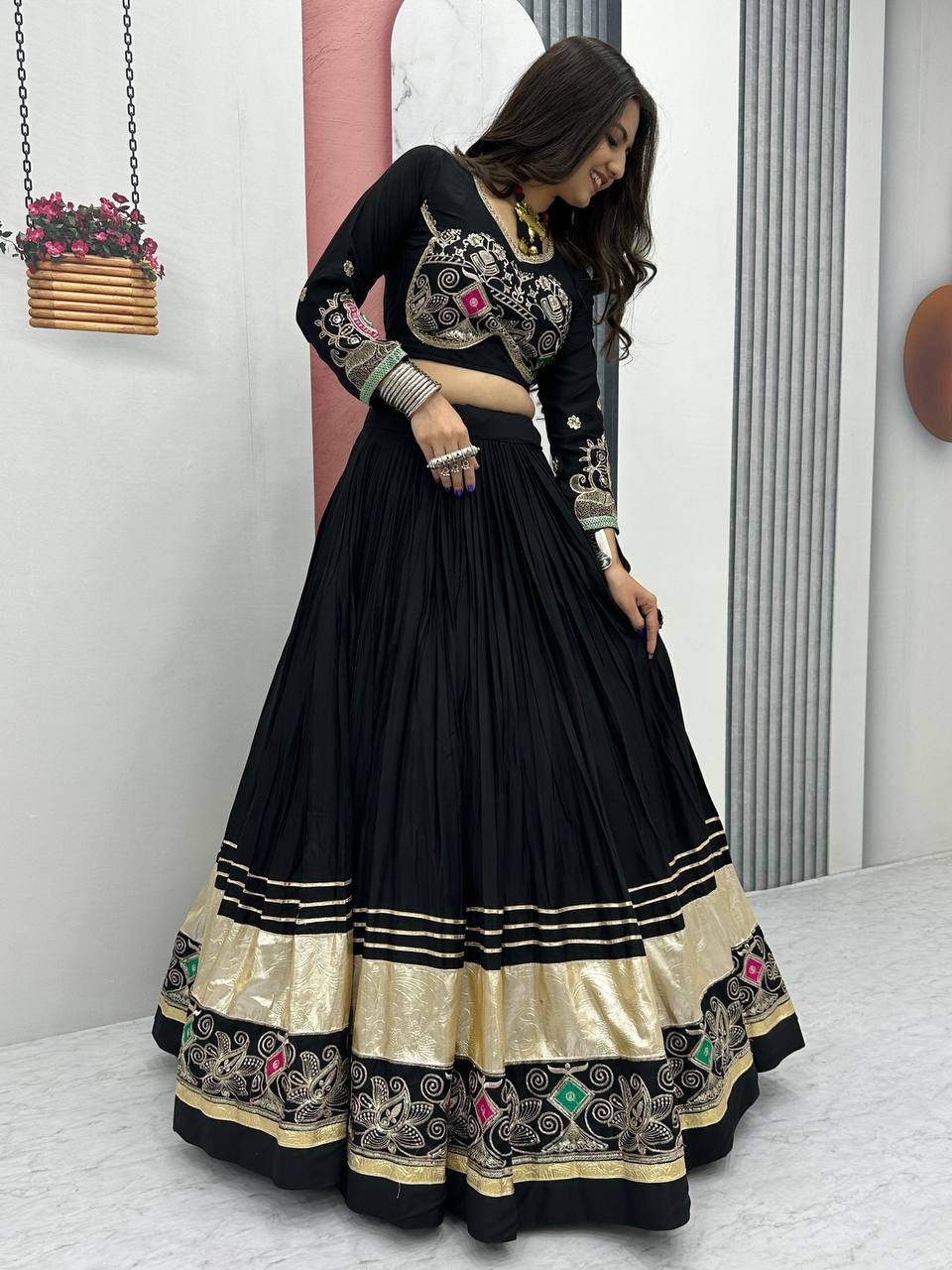Traditional Wear Navratri Special Black Color  Pure Cotton Embroidery Thread Sequence Work Lehenga Choli