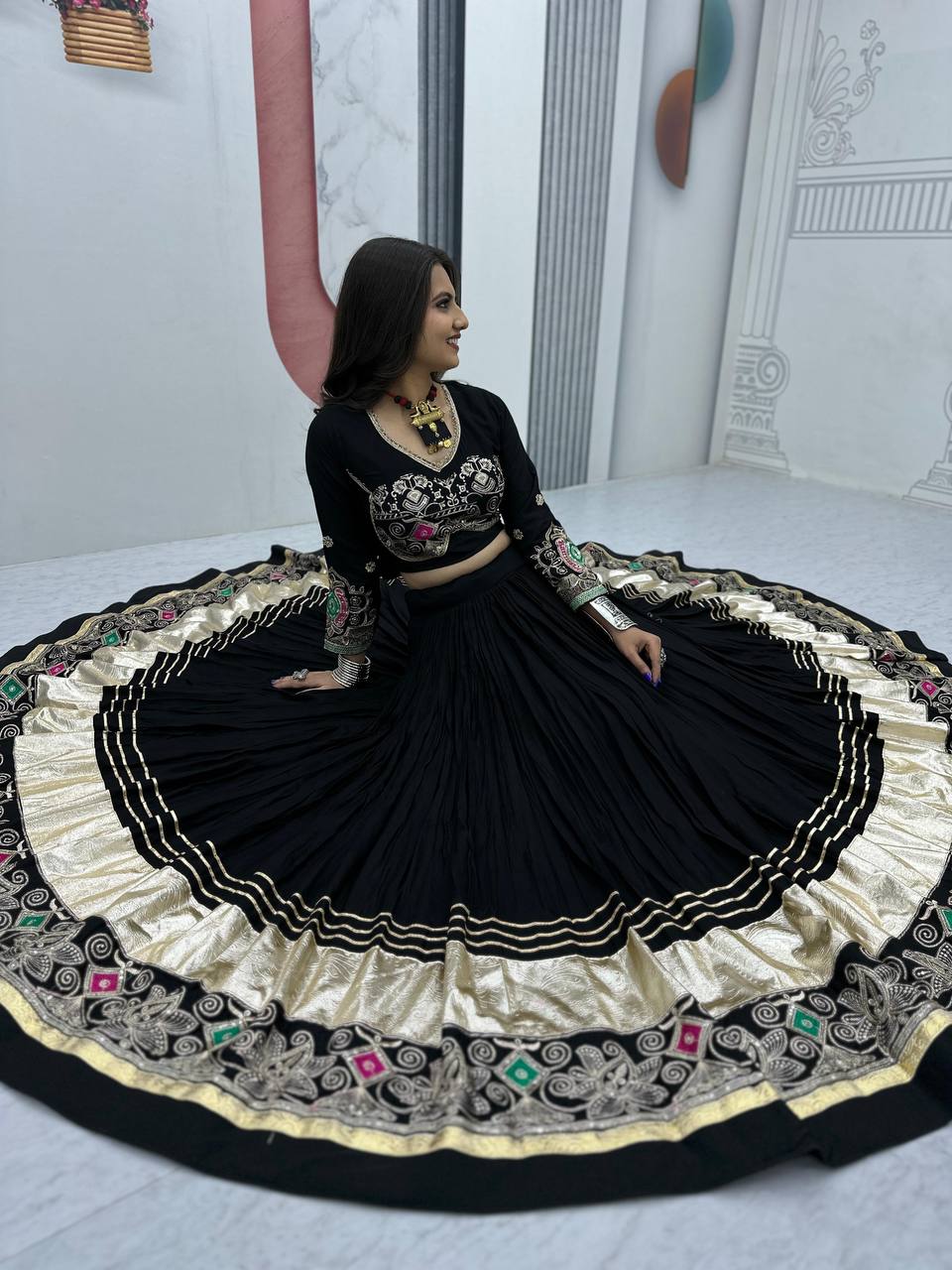 Traditional Wear Navratri Special Black Color  Pure Cotton Embroidery Thread Sequence Work Lehenga Choli