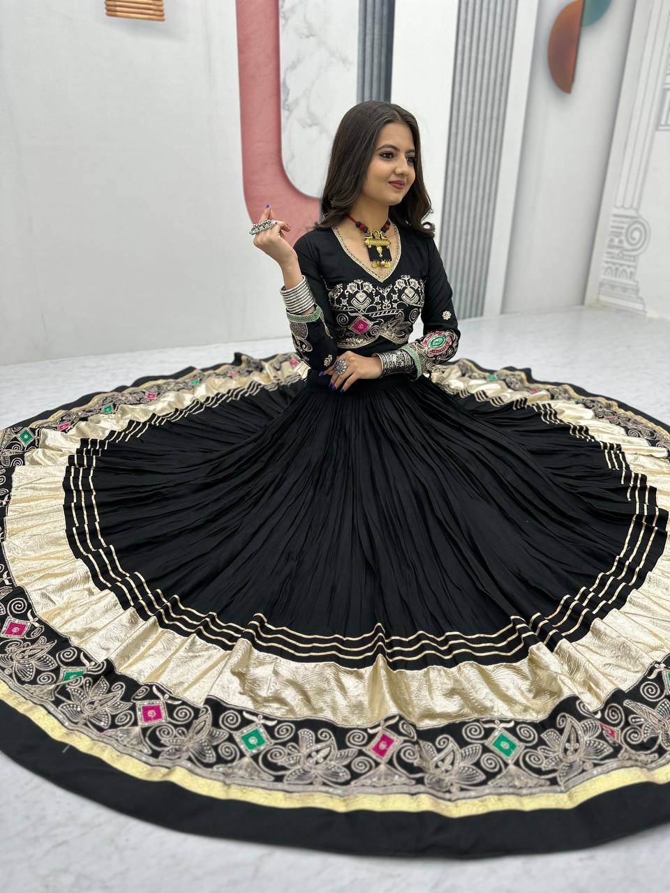 Traditional Wear Navratri Special Black Color  Pure Cotton Embroidery Thread Sequence Work Lehenga Choli