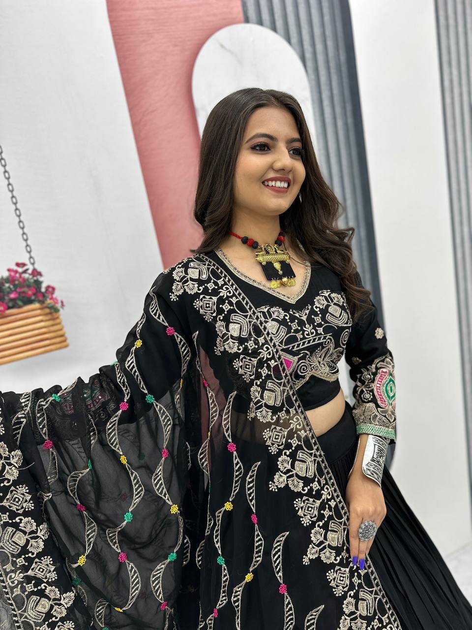 Traditional Wear Navratri Special Black Color  Pure Cotton Embroidery Thread Sequence Work Lehenga Choli