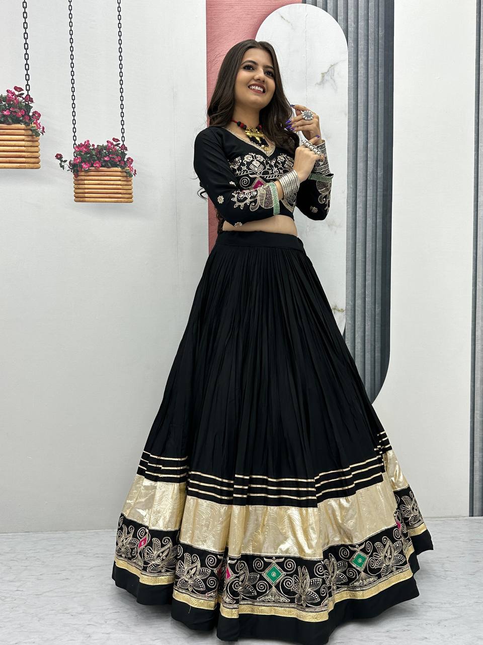 Traditional Wear Navratri Special Black Color  Pure Cotton Embroidery Thread Sequence Work Lehenga Choli