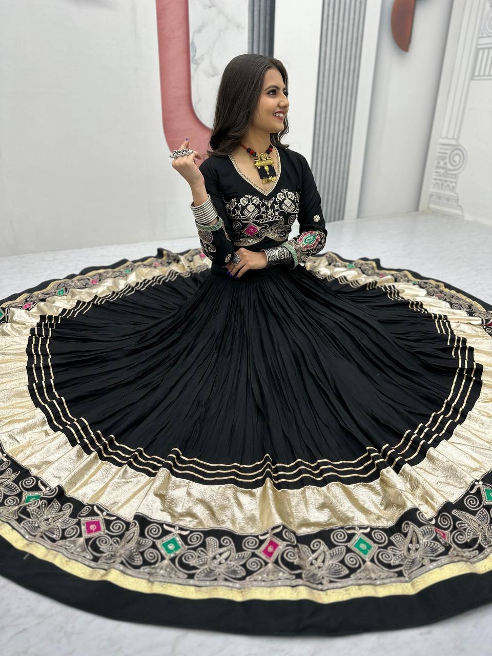 Traditional Wear Navratri Special Black Color  Pure Cotton Embroidery Thread Sequence Work Lehenga Choli
