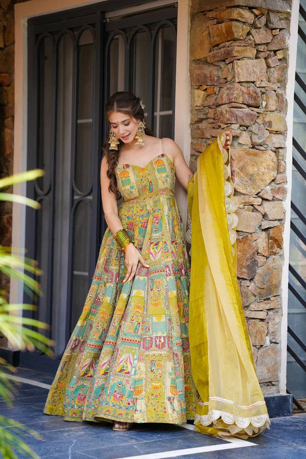 Cermeony Wear Yellow Color Pure Jimmy Organza Silk Digital Printed Padded Anarkali Gown