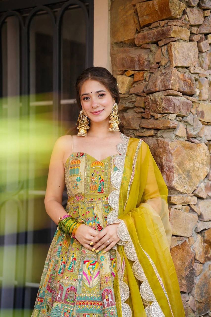 Cermeony Wear Yellow Color Pure Jimmy Organza Silk Digital Printed Padded Anarkali Gown