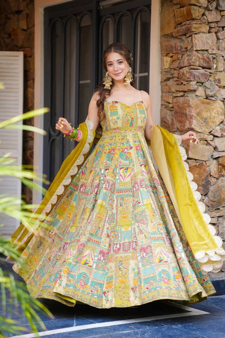 Cermeony Wear Yellow Color Pure Jimmy Organza Silk Digital Printed Padded Anarkali Gown