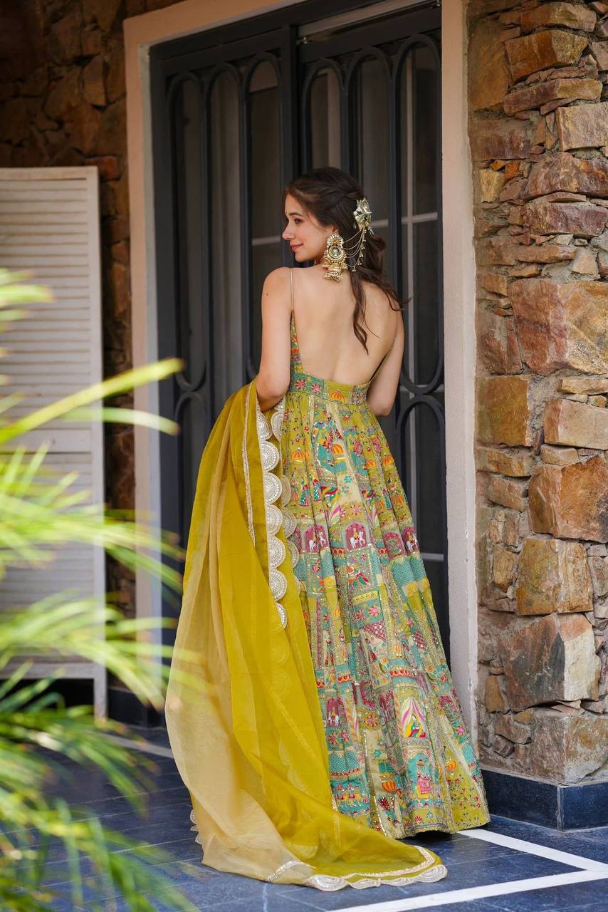 Cermeony Wear Yellow Color Pure Jimmy Organza Silk Digital Printed Padded Anarkali Gown