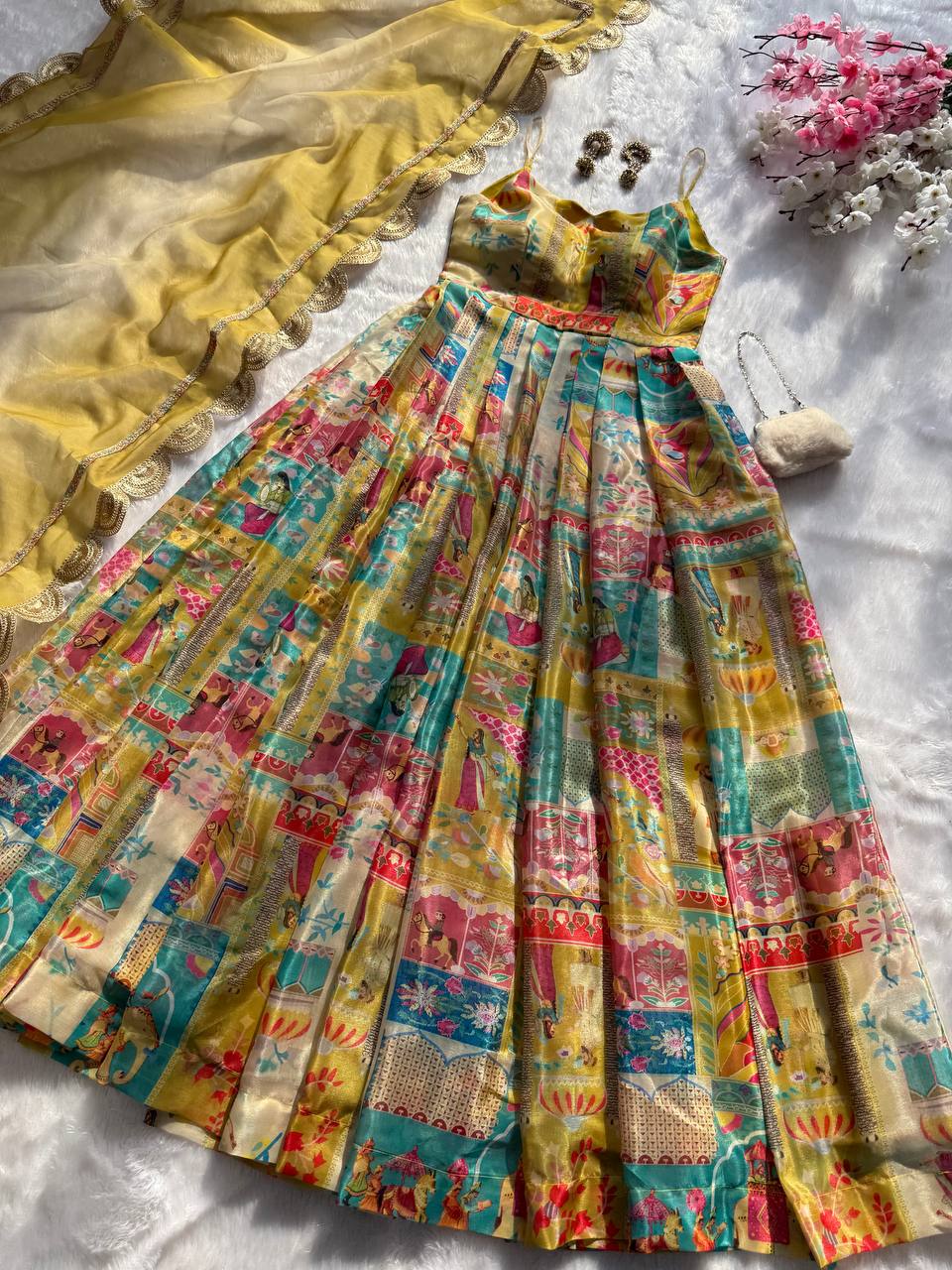 Cermeony Wear Yellow Color Pure Jimmy Organza Silk Digital Printed Padded Anarkali Gown