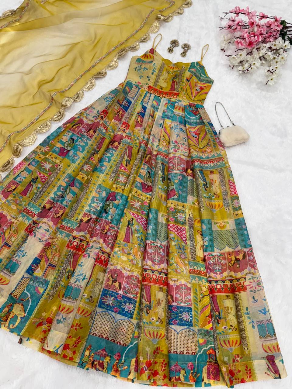 Cermeony Wear Yellow Color Pure Jimmy Organza Silk Digital Printed Padded Anarkali Gown