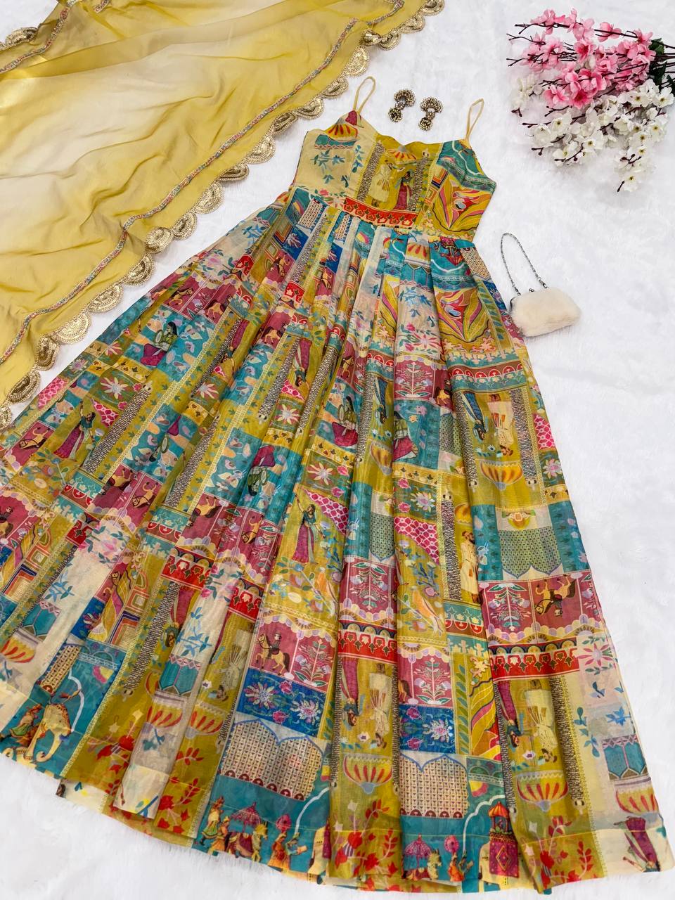 Cermeony Wear Yellow Color Pure Jimmy Organza Silk Digital Printed Padded Anarkali Gown