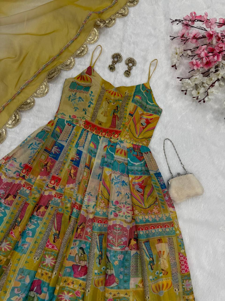 Cermeony Wear Yellow Color Pure Jimmy Organza Silk Digital Printed Padded Anarkali Gown