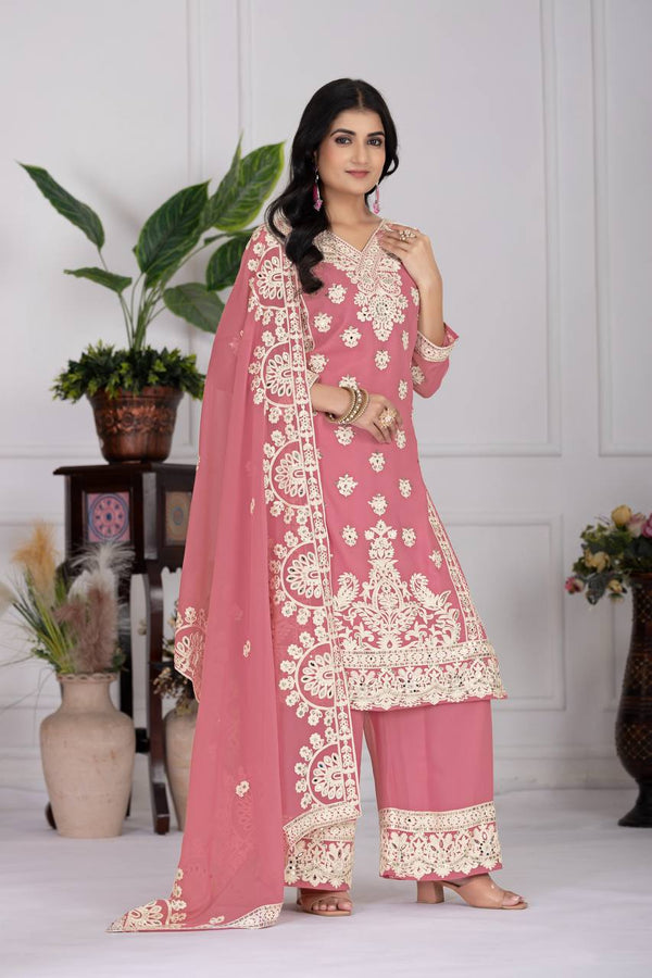 Occasion Wear Peach Color Heavy Fuax Georgette Embroidery Sequences Work With Real Mirror Hand Work Palazzo Suit