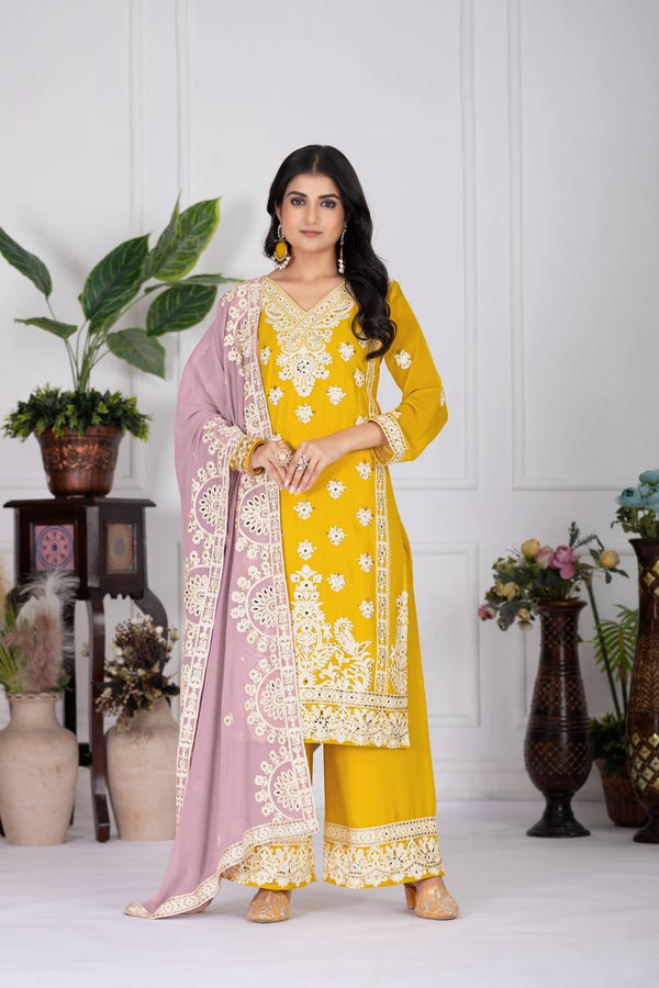 Occasion Wear Yellow Color Heavy Fuax Georgette Embroidery Sequences Work With Real Mirror Hand Work Palazzo Suit