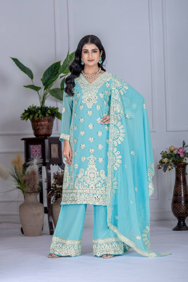 Occasion Wear Sky Blue  Color Heavy Fuax Georgette Embroidery Sequences Work With Real Mirror Hand Work Palazzo Suit