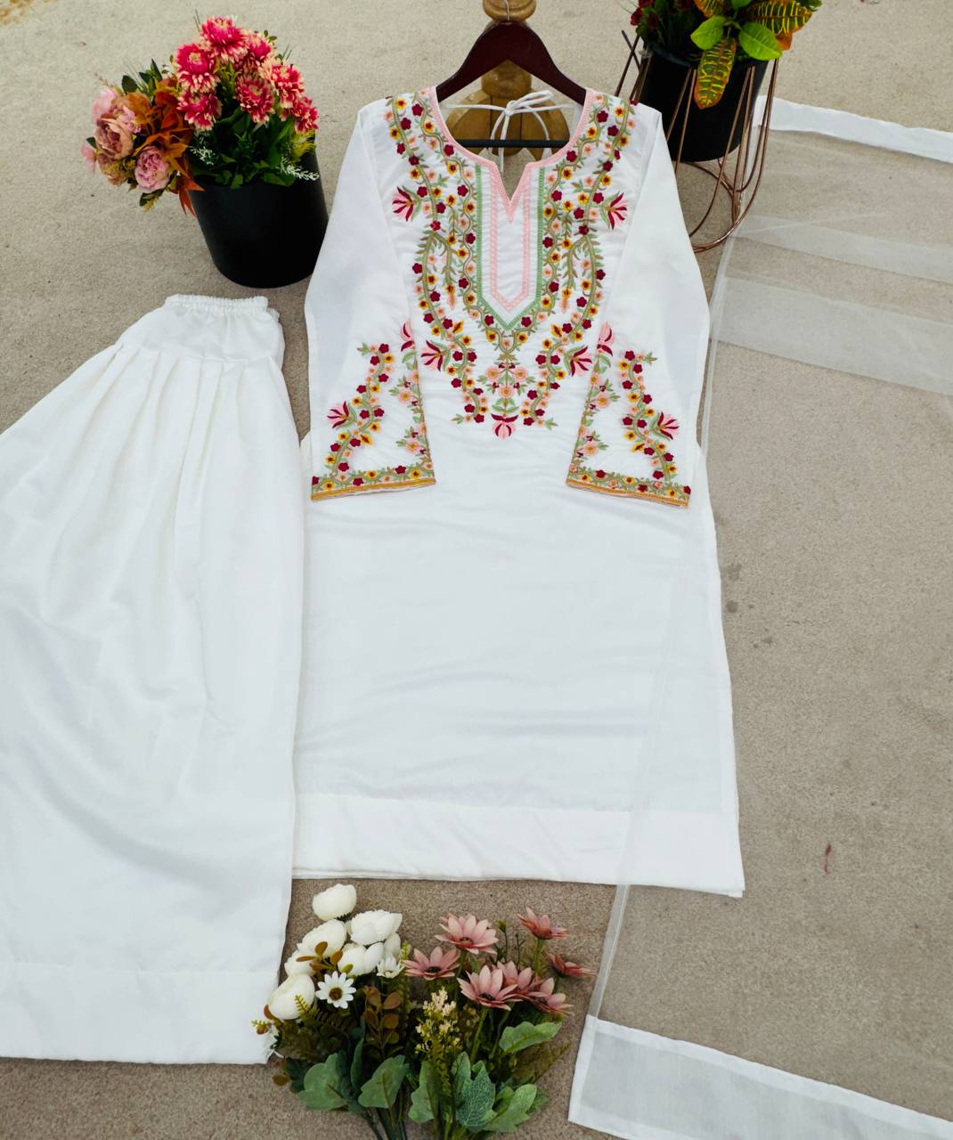 Luxuriant White Color Pure Natural Crepe Silk With Embroidery Sequence Work Palazzo Suit