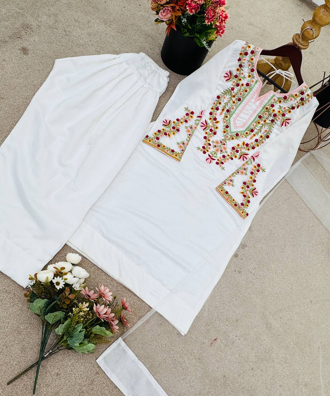 Luxuriant White Color Pure Natural Crepe Silk With Embroidery Sequence Work Palazzo Suit