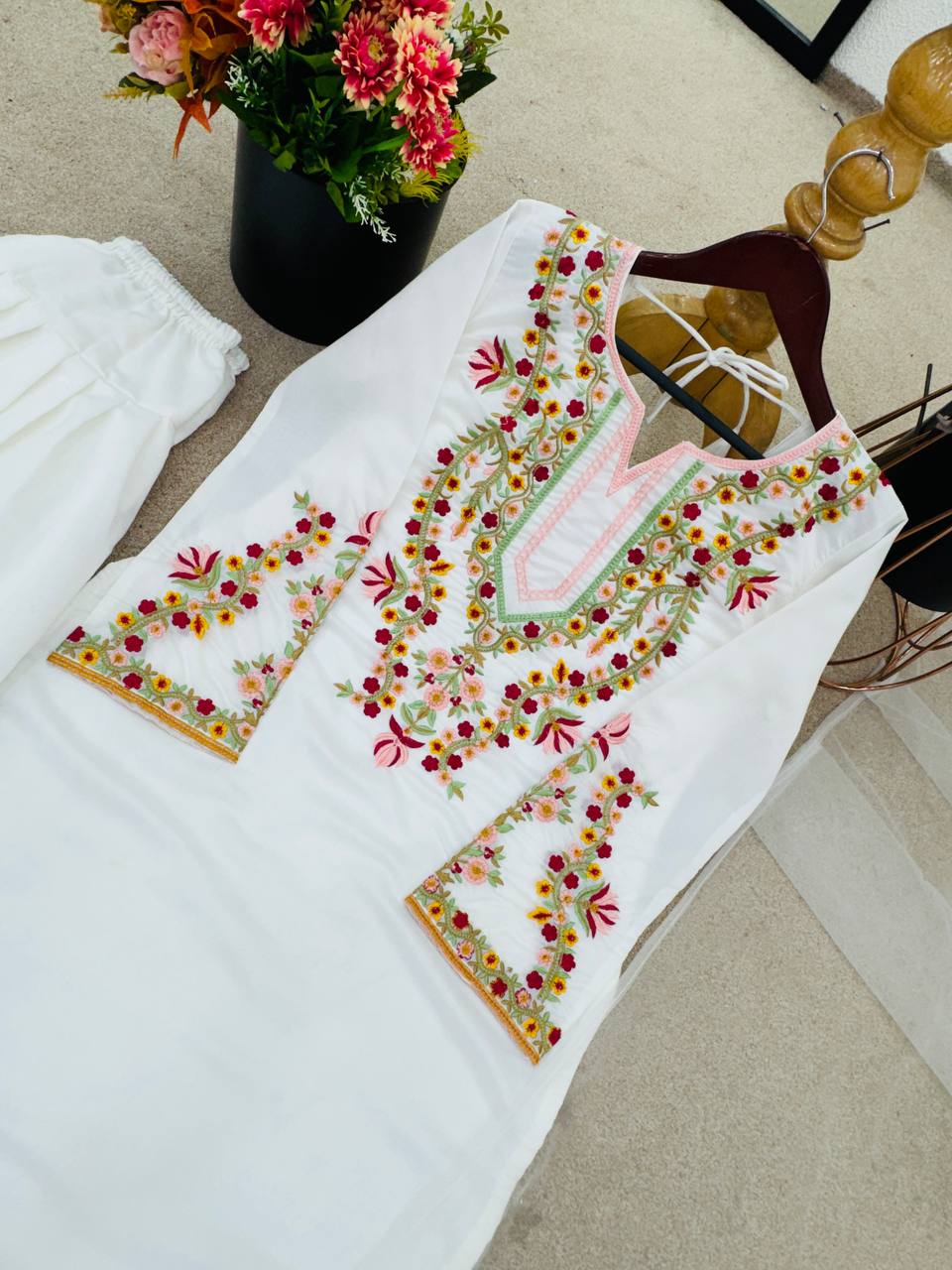 Luxuriant White Color Pure Natural Crepe Silk With Embroidery Sequence Work Palazzo Suit