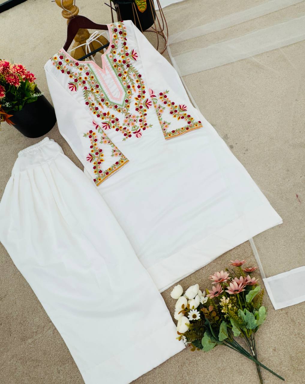 Luxuriant White Color Pure Natural Crepe Silk With Embroidery Sequence Work Palazzo Suit