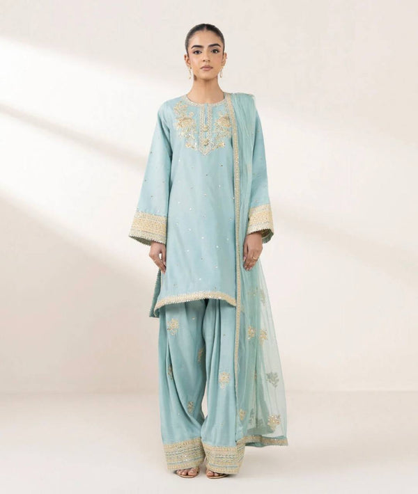 Glorious Auqa Blue Color Chinon Silk With Embroidery Sequence Work Palazzo Suit