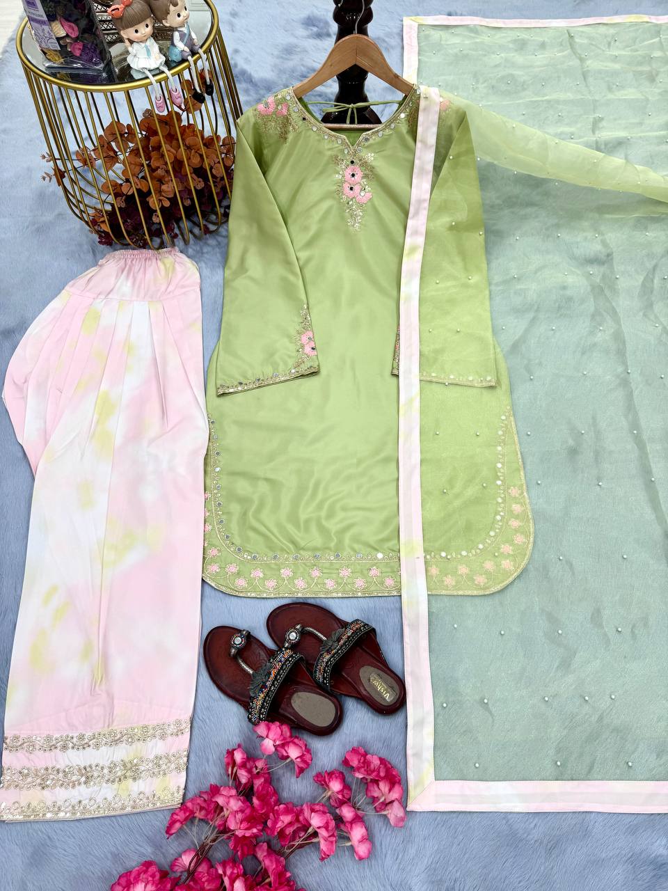 Superhit Parrot Green Color Pure Natural Crepe With Embroidery Work Palazzo Suit