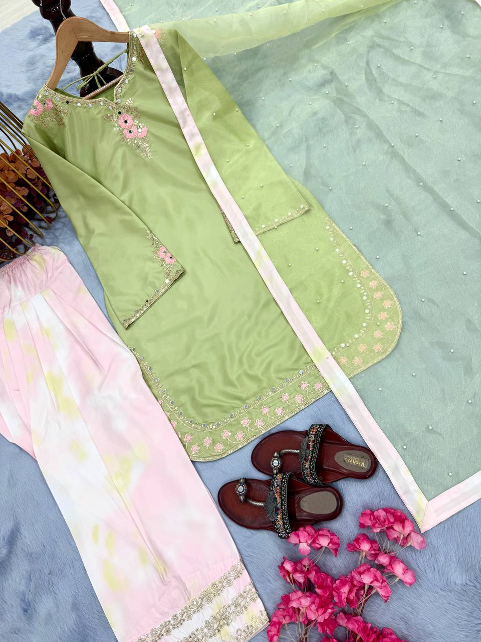 Superhit Parrot Green Color Pure Natural Crepe With Embroidery Work Palazzo Suit