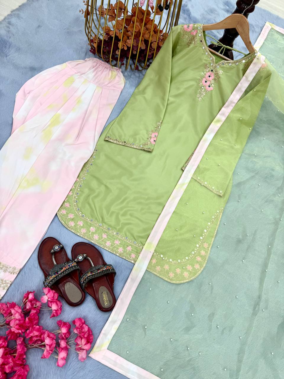 Superhit Parrot Green Color Pure Natural Crepe With Embroidery Work Palazzo Suit