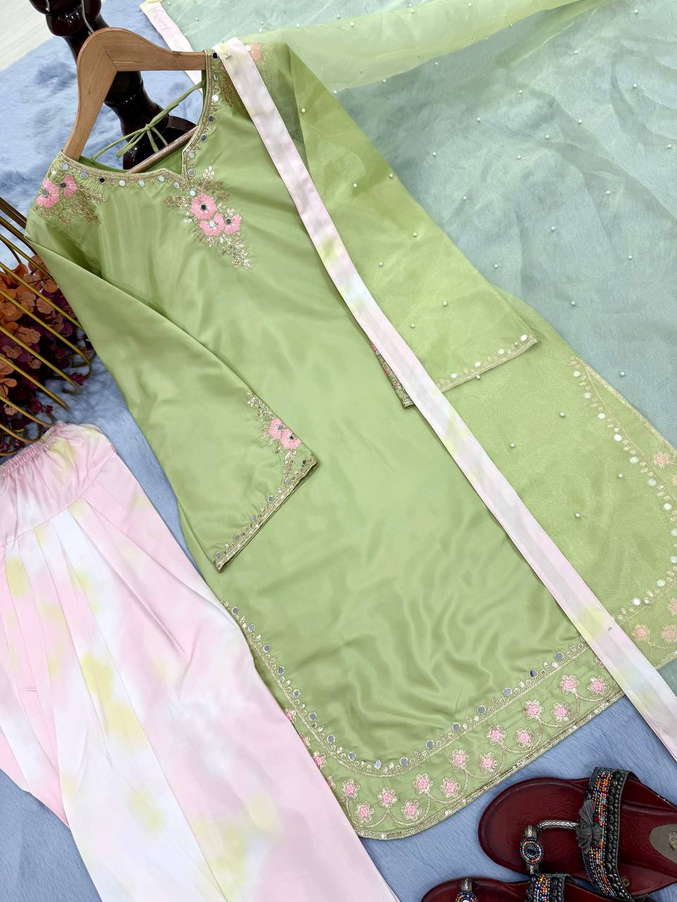 Superhit Parrot Green Color Pure Natural Crepe With Embroidery Work Palazzo Suit