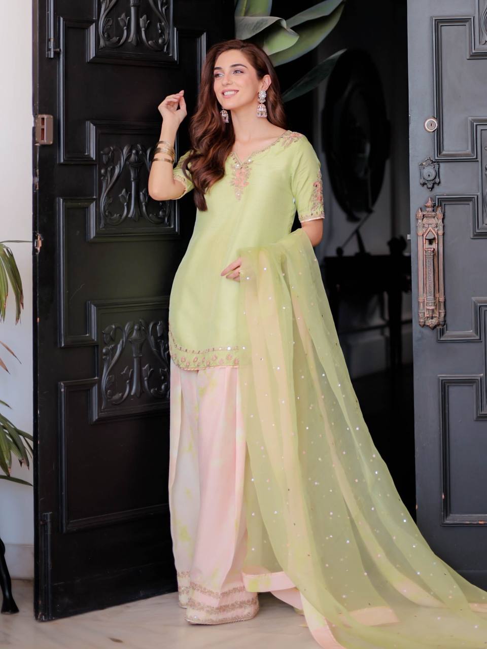 Superhit Parrot Green Color Pure Natural Crepe With Embroidery Work Palazzo Suit