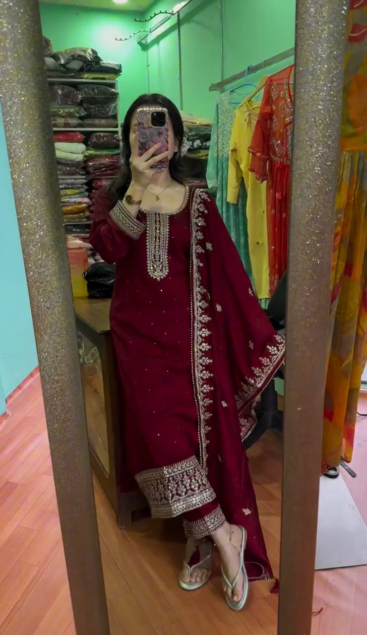 Beautiful Maroon Color Chinon Silk With Heavy Embroidery Sequence Work Salwar Suit