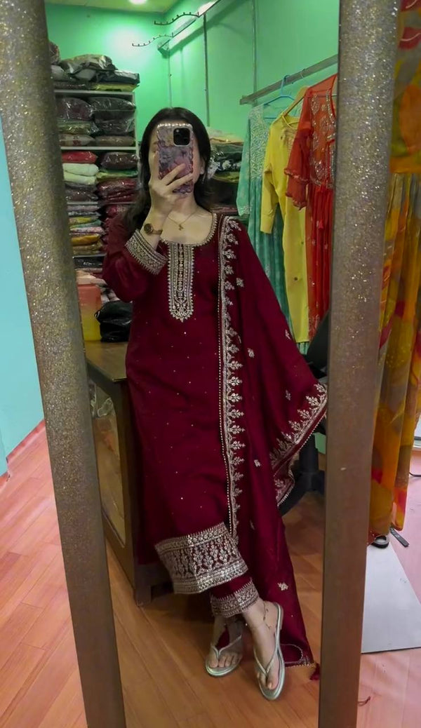 Beautiful Maroon Color Chinon Silk With Heavy Embroidery Sequence Work Salwar Suit