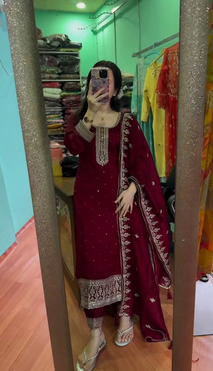 Beautiful Maroon Color Chinon Silk With Heavy Embroidery Sequence Work Salwar Suit