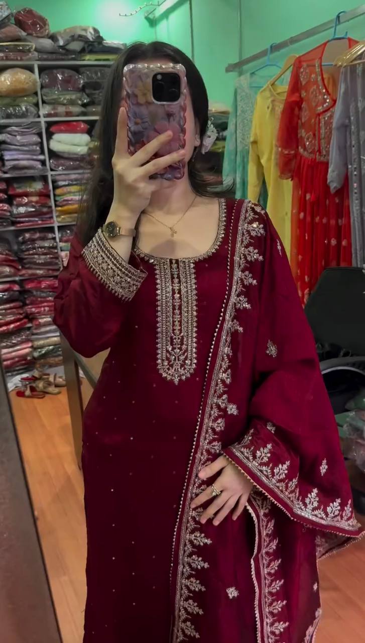 Beautiful Maroon Color Chinon Silk With Heavy Embroidery Sequence Work Salwar Suit