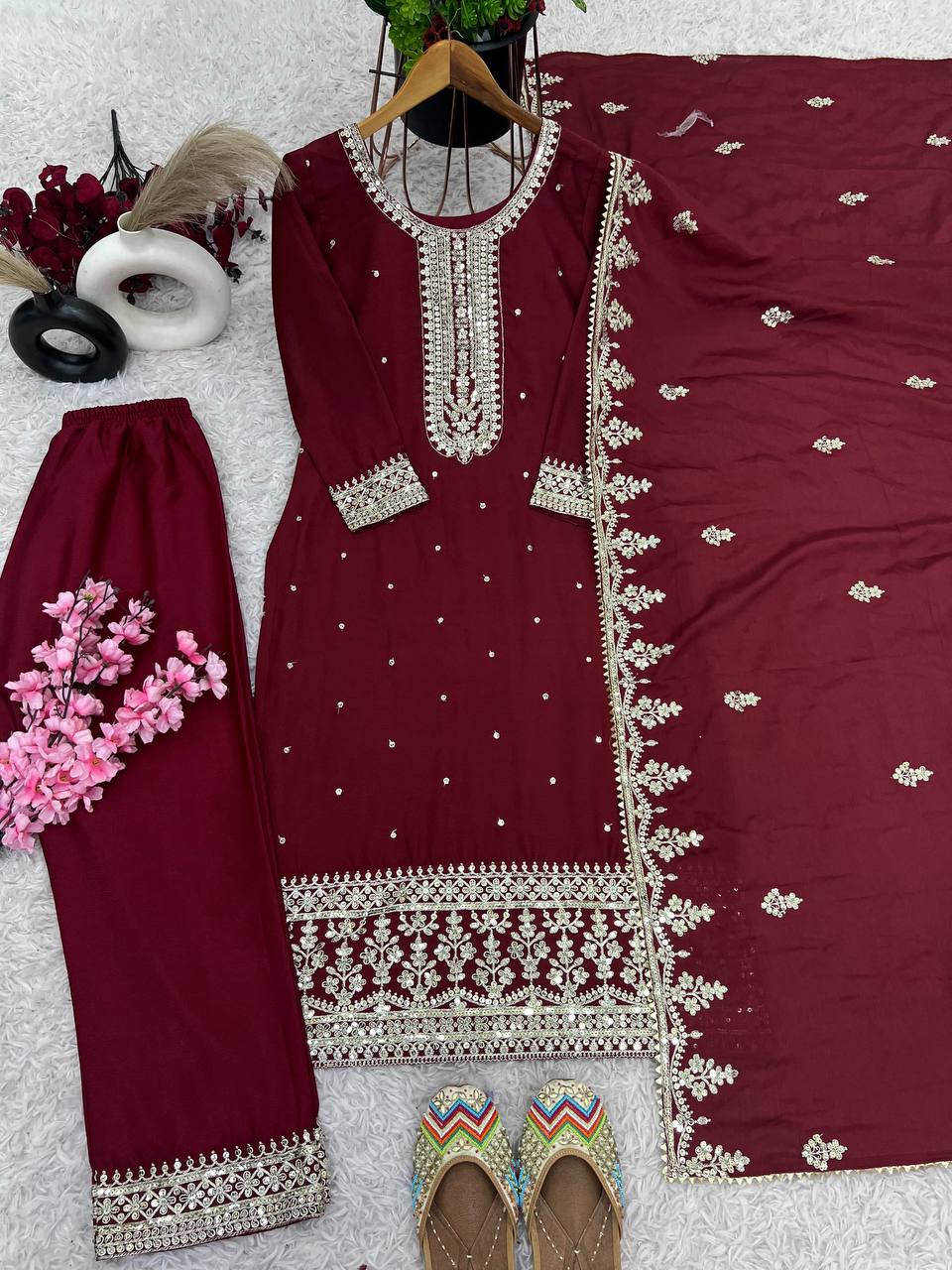 Beautiful Maroon Color Chinon Silk With Heavy Embroidery Sequence Work Salwar Suit